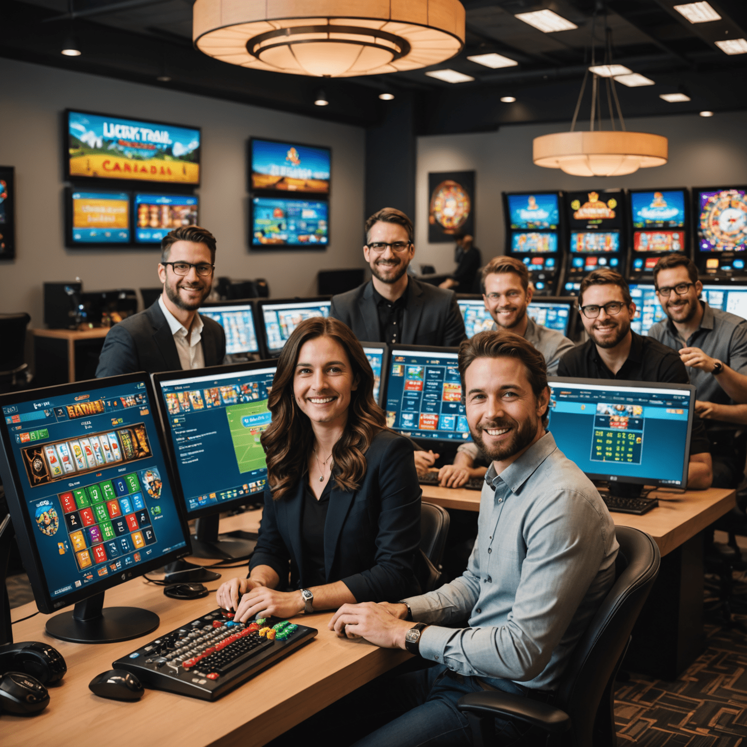 The LuckyTrailHub team in their Canadian office, a diverse group of professionals collaborating in a modern, open-plan workspace with slot machine designs and social casino graphics visible on computer screens