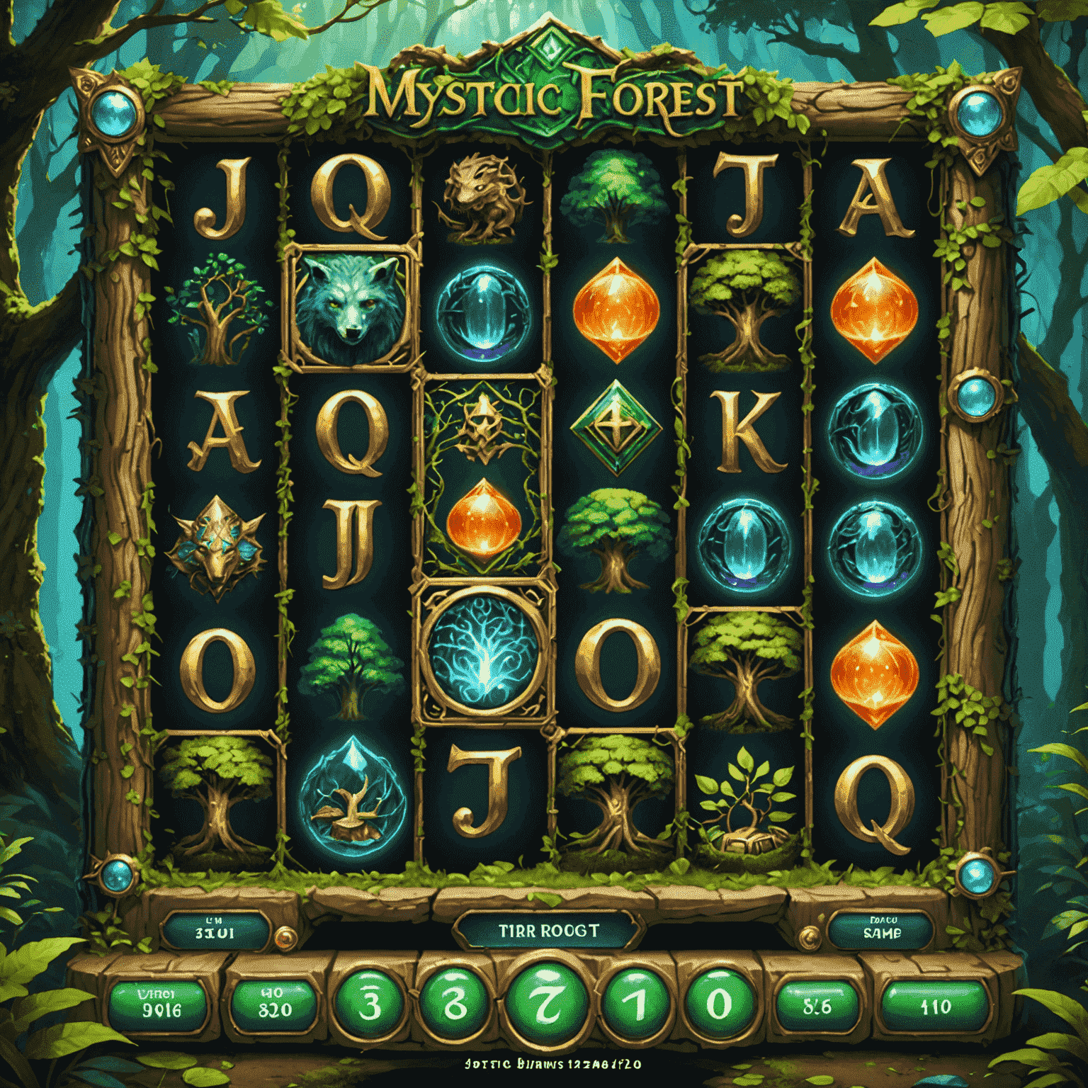 Mystic Forest Fortune slot game featuring mystical creatures, ancient trees, and glowing symbols on a 5x5 grid