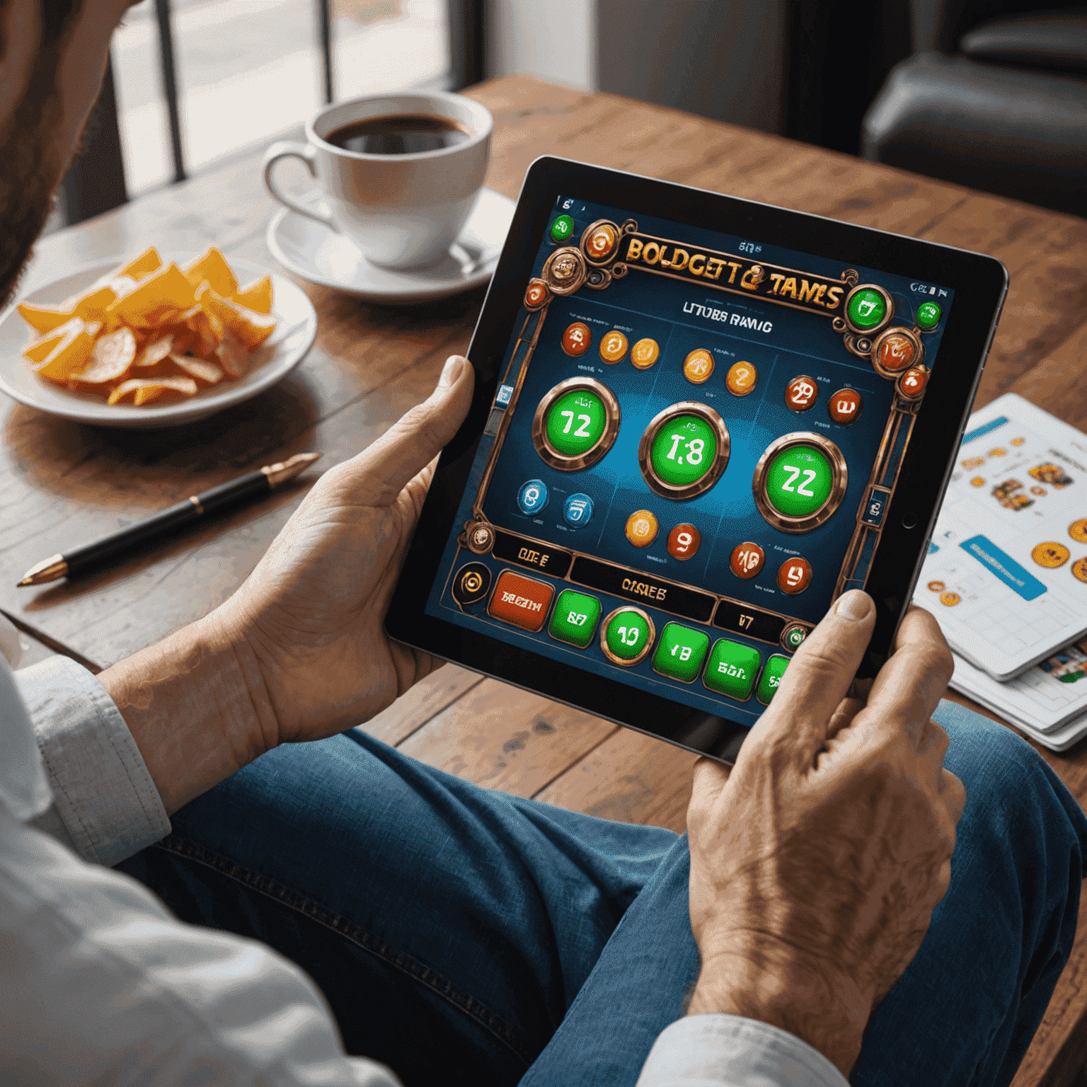 A person playing virtual slot games on a tablet with a timer and budget tracker visible, emphasizing responsible gaming practices