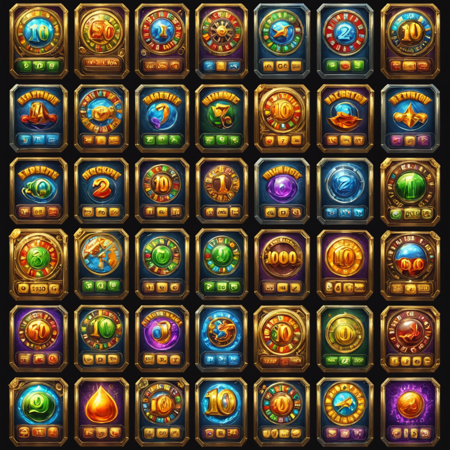 Collage of 10 different virtual slot game interfaces, showcasing various themes and designs
