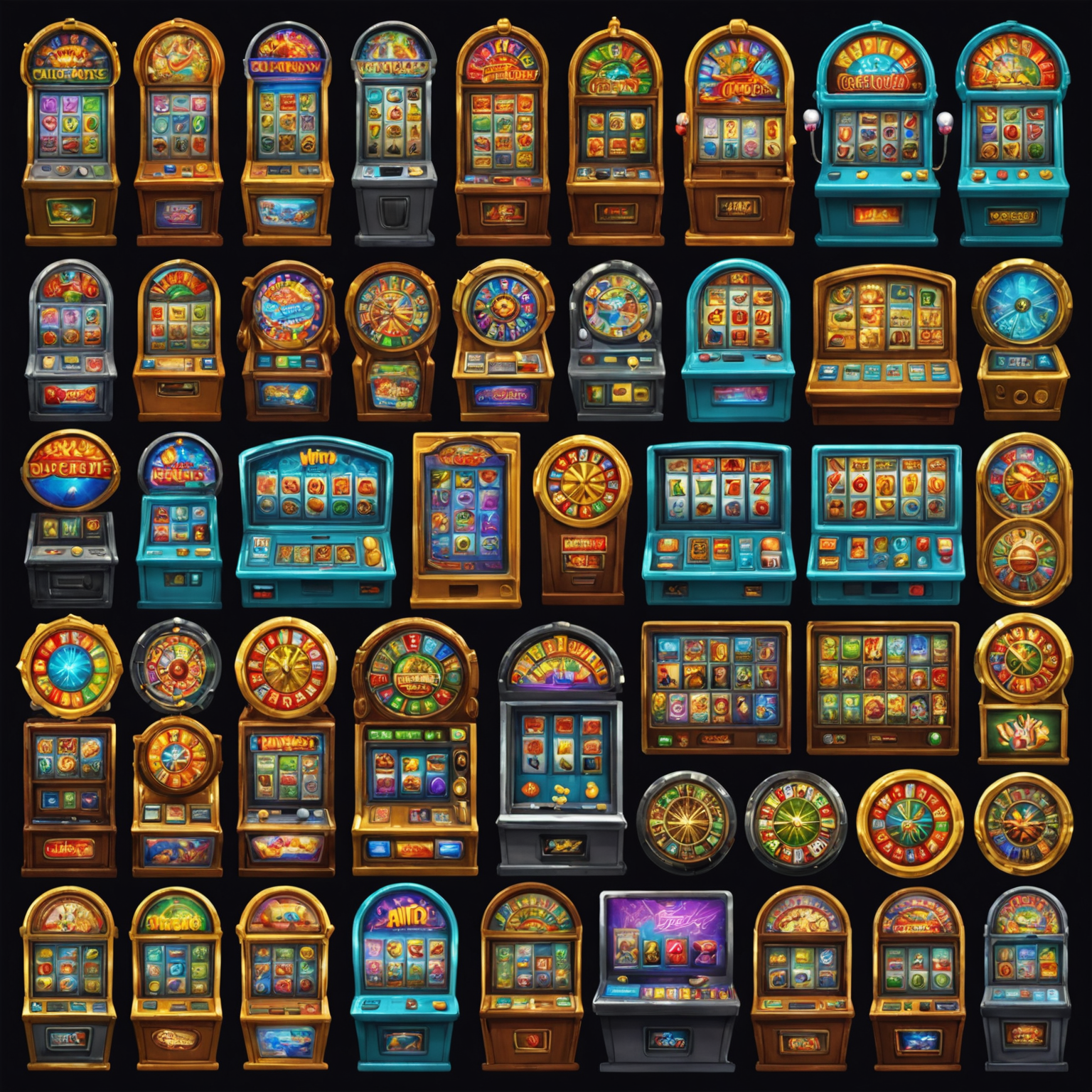 Collage of 10 different virtual slot game interfaces, showcasing various themes and designs