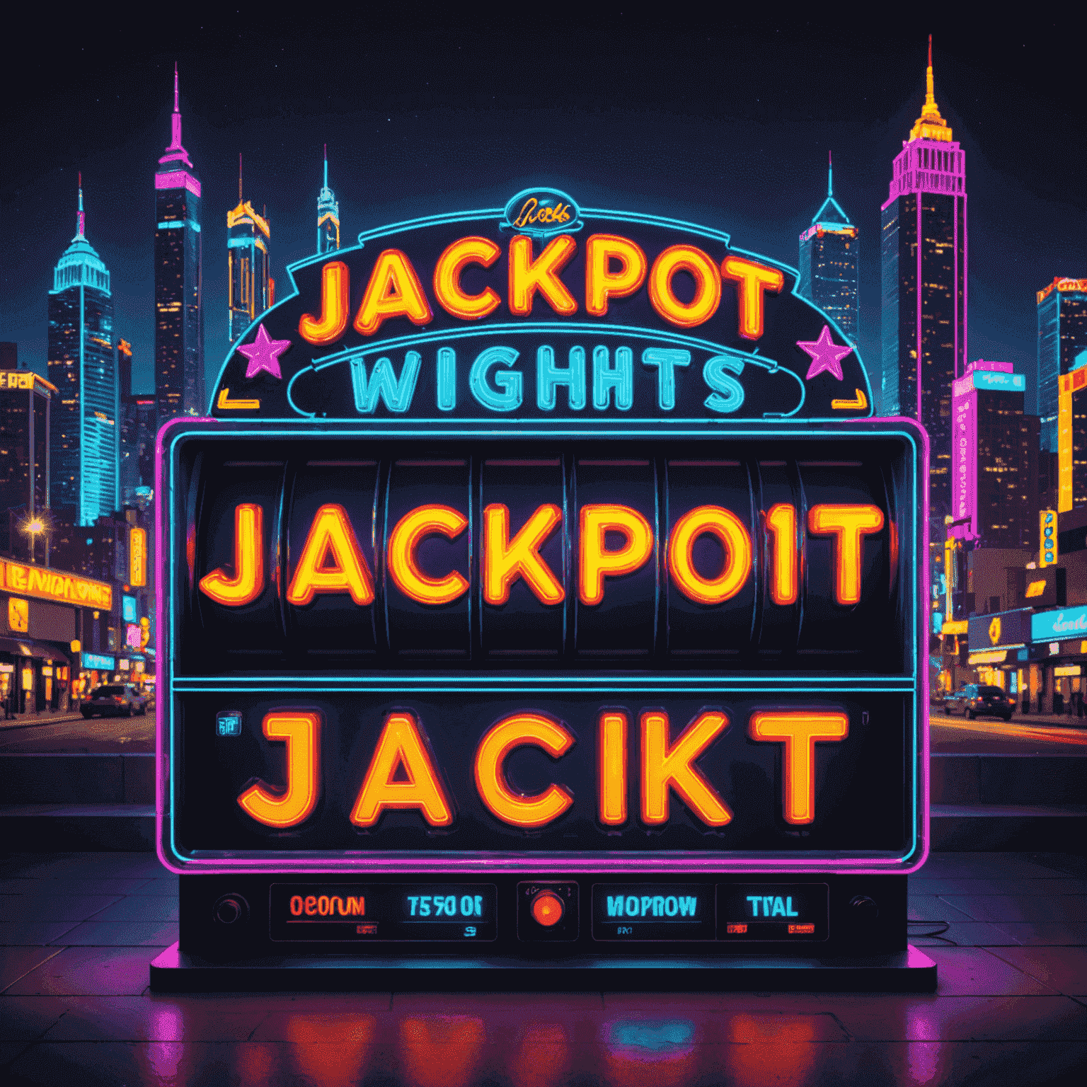 Neon Nights Jackpot slot with bright neon symbols, city skyline background, and prominently displayed jackpot meters