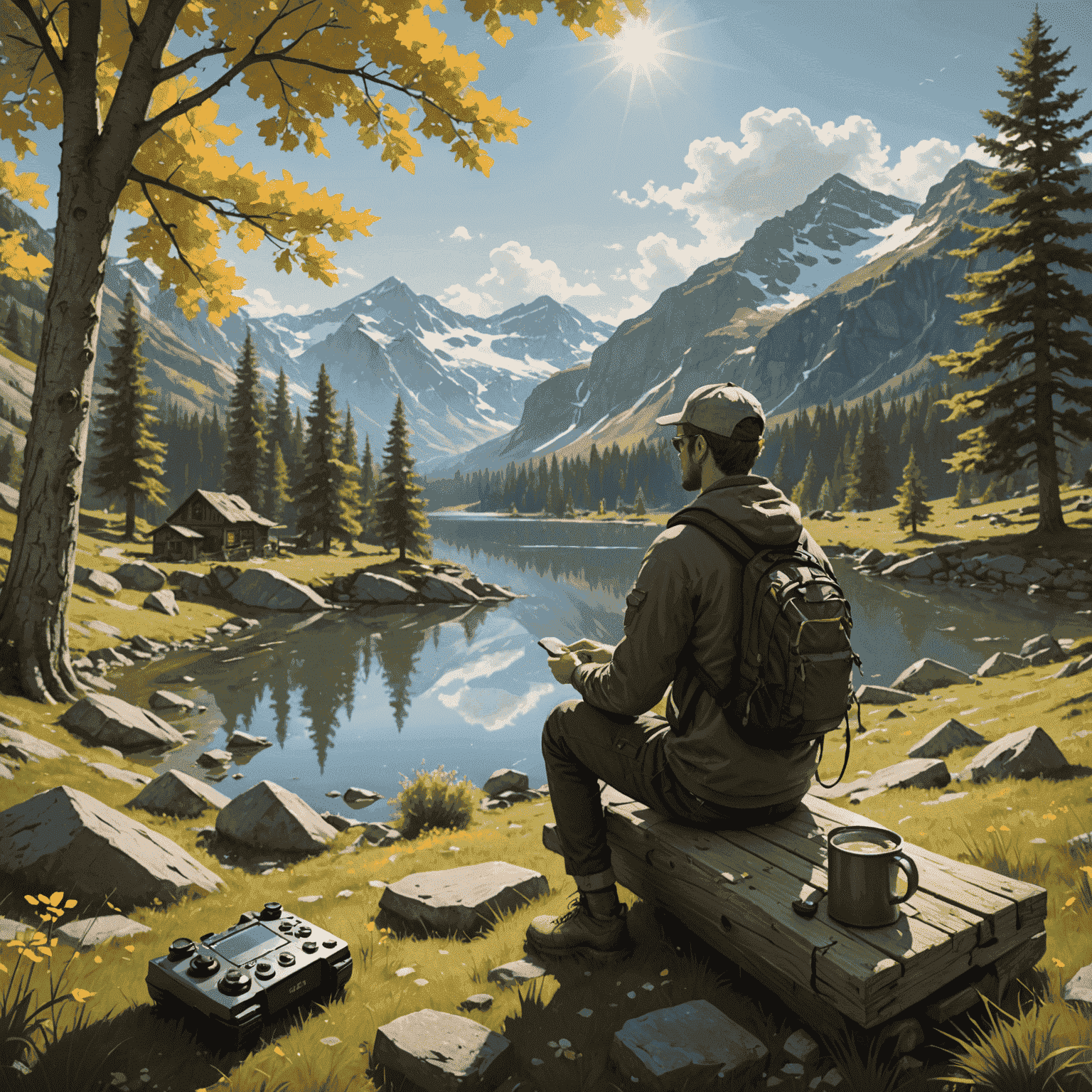 A calming scene showing a person taking a break from gaming, engaging in outdoor activities or hobbies, illustrating the importance of balance