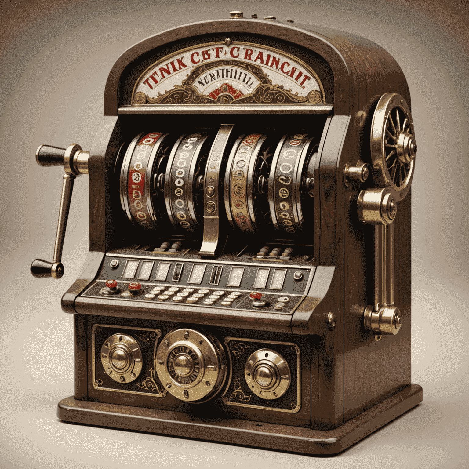 An antique mechanical slot machine with a lever and visible reels
