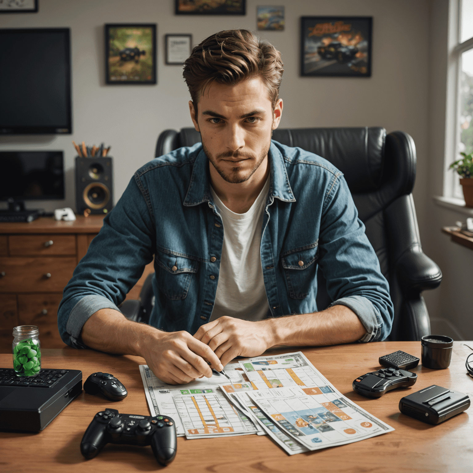 Illustration of a person setting limits on their gaming time and budget, with positive gaming habits represented