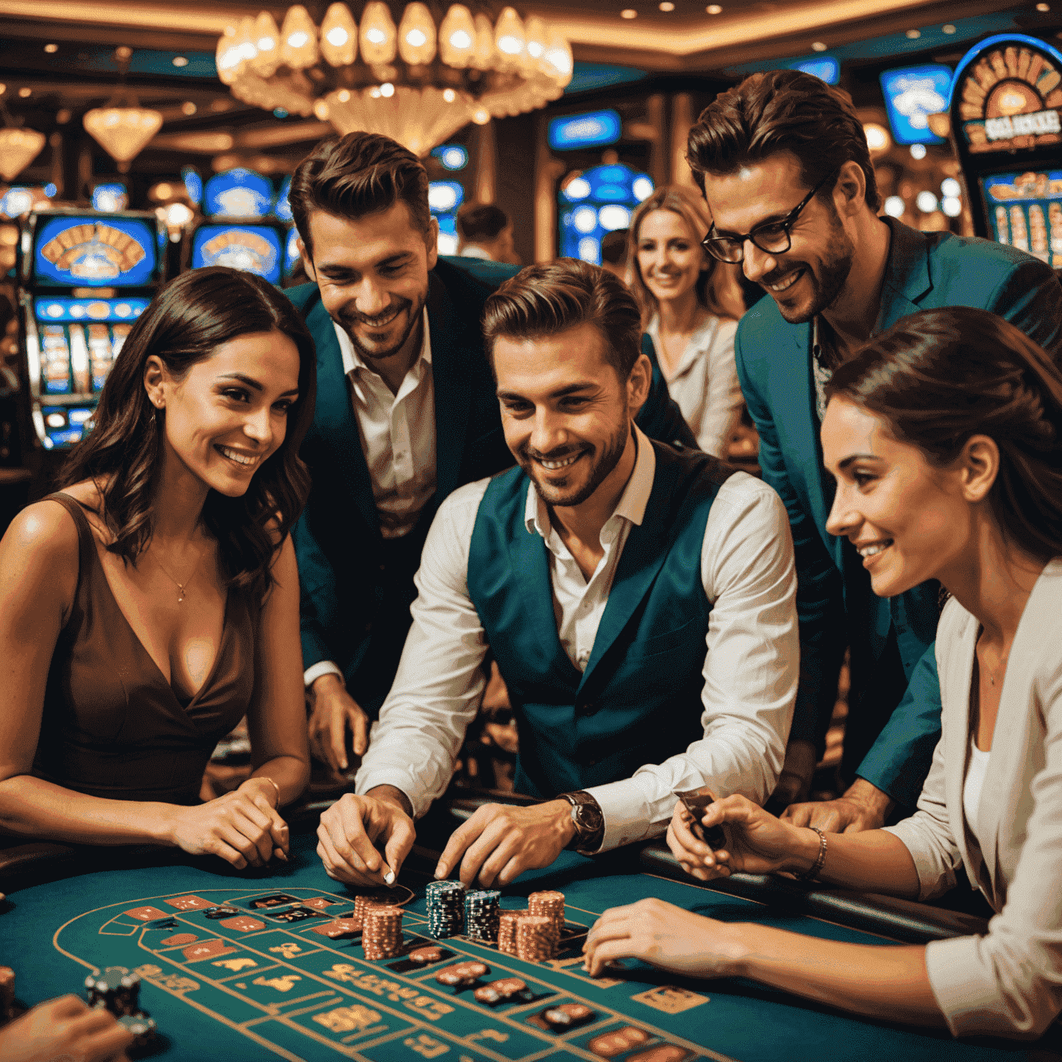 A group of diverse people enjoying a social casino app on various devices, emphasizing the social and entertainment aspects of virtual slot machines