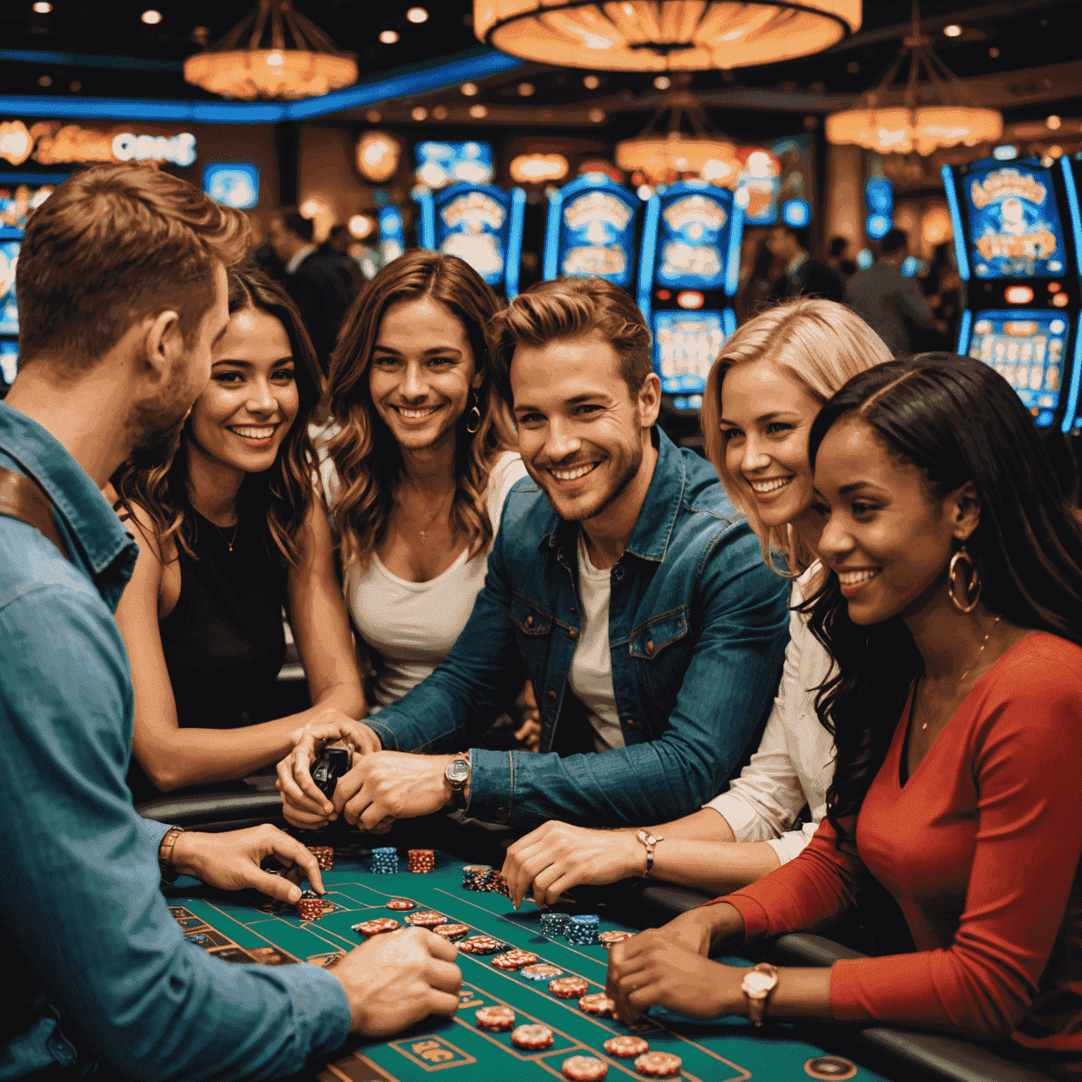 A group of diverse people enjoying virtual slot games responsibly, smiling and interacting socially, representing the positive aspects of controlled gaming