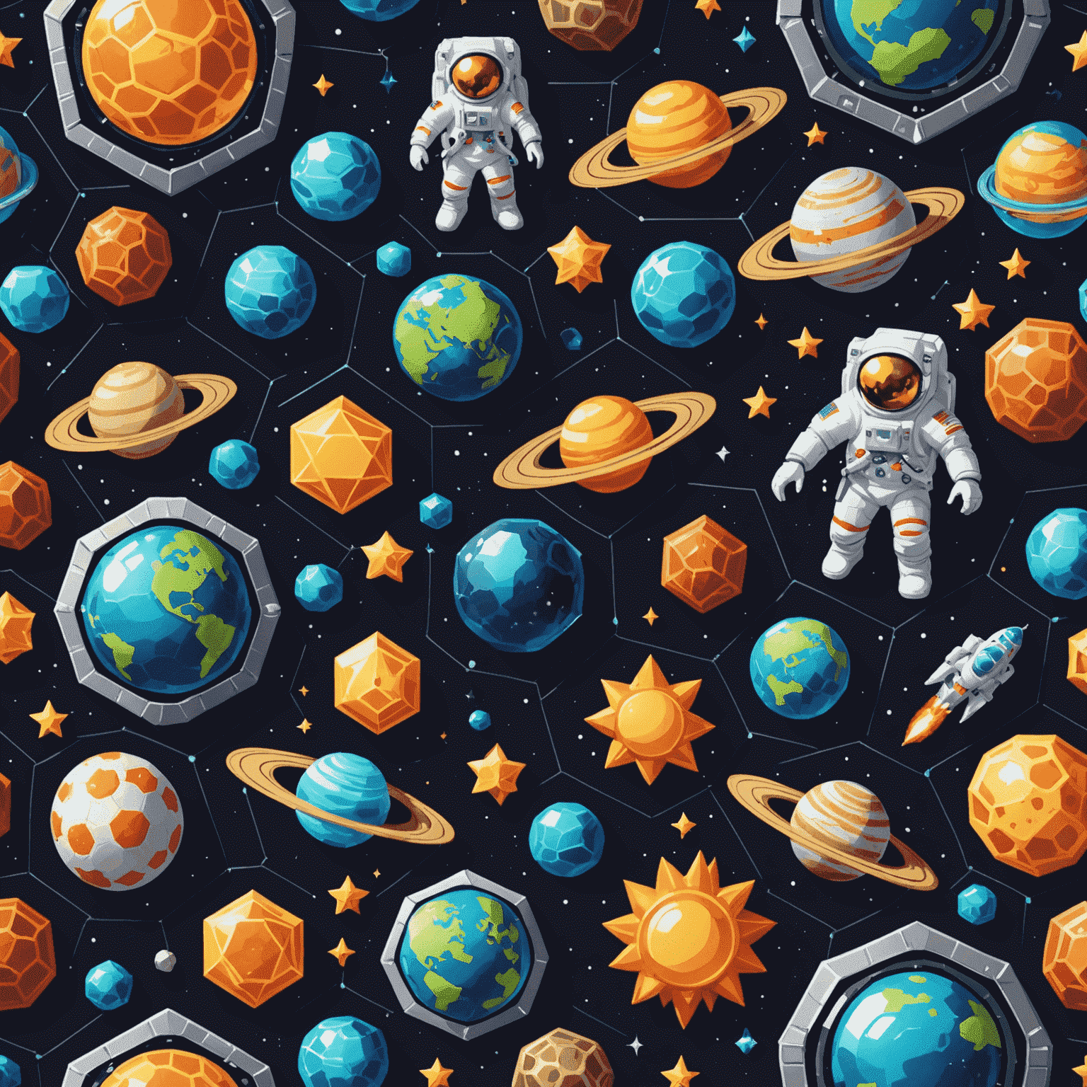 Cosmic Cash slot with space-themed symbols, planets, and astronauts on a unique hexagonal grid