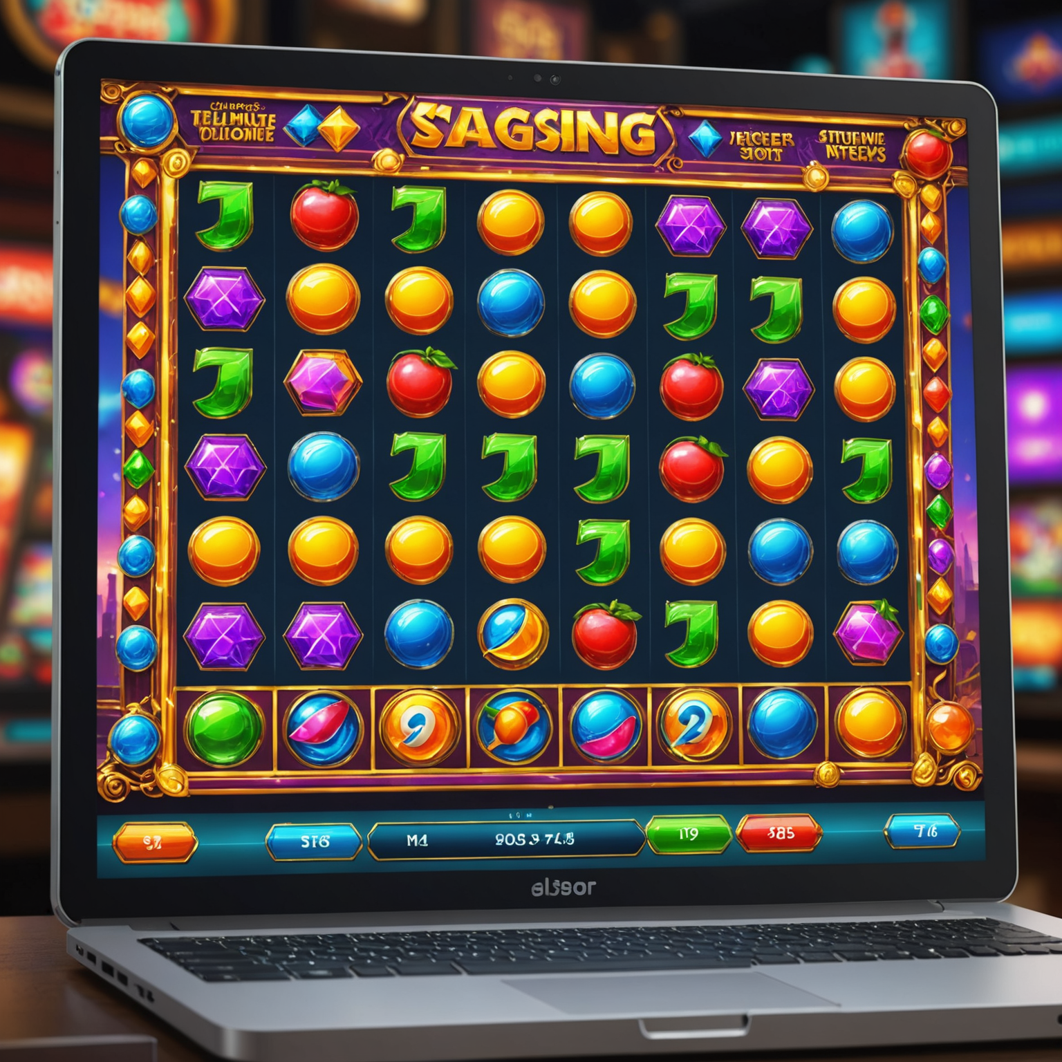 A modern computer screen displaying a colorful online slot game interface