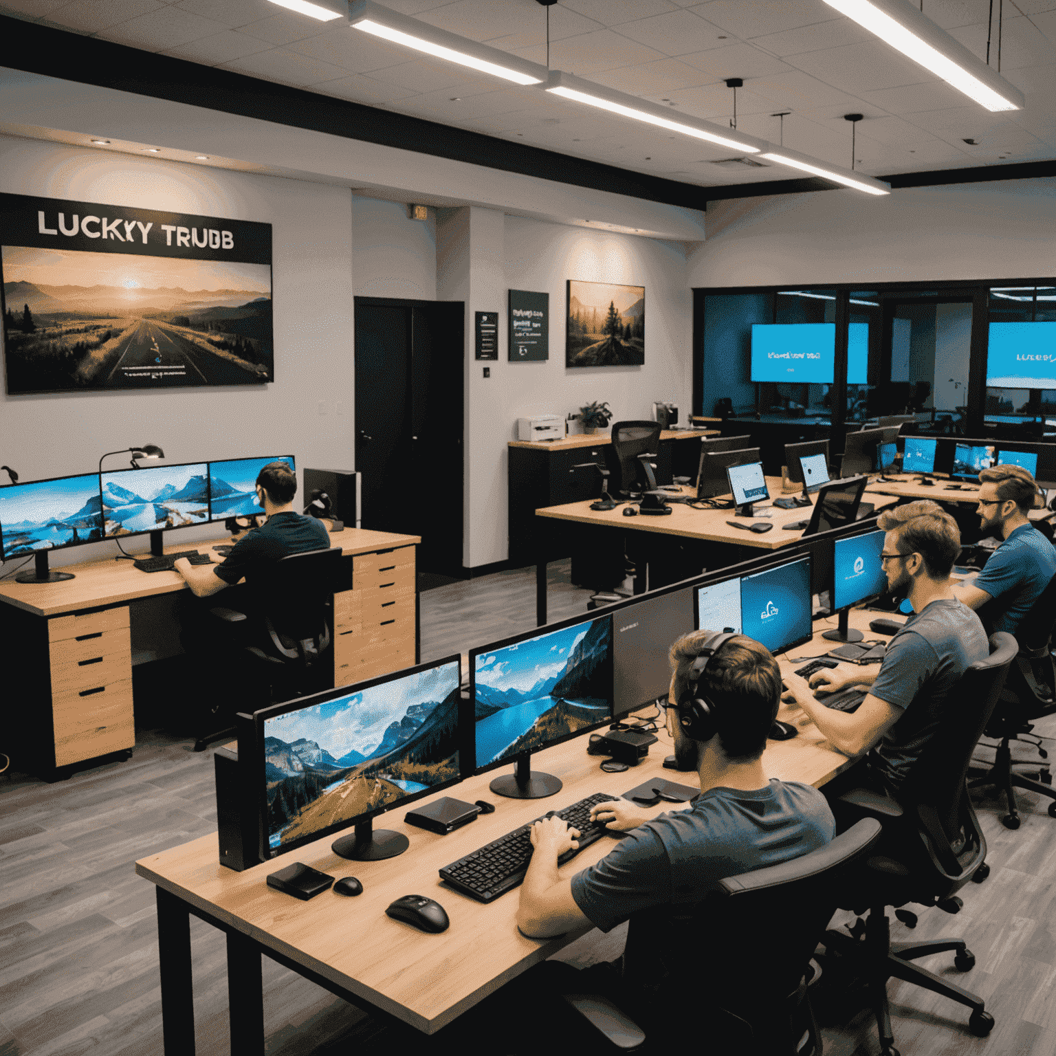 Interior of LuckyTrailHub's Canadian office, showing developers at work and gaming stations for testing