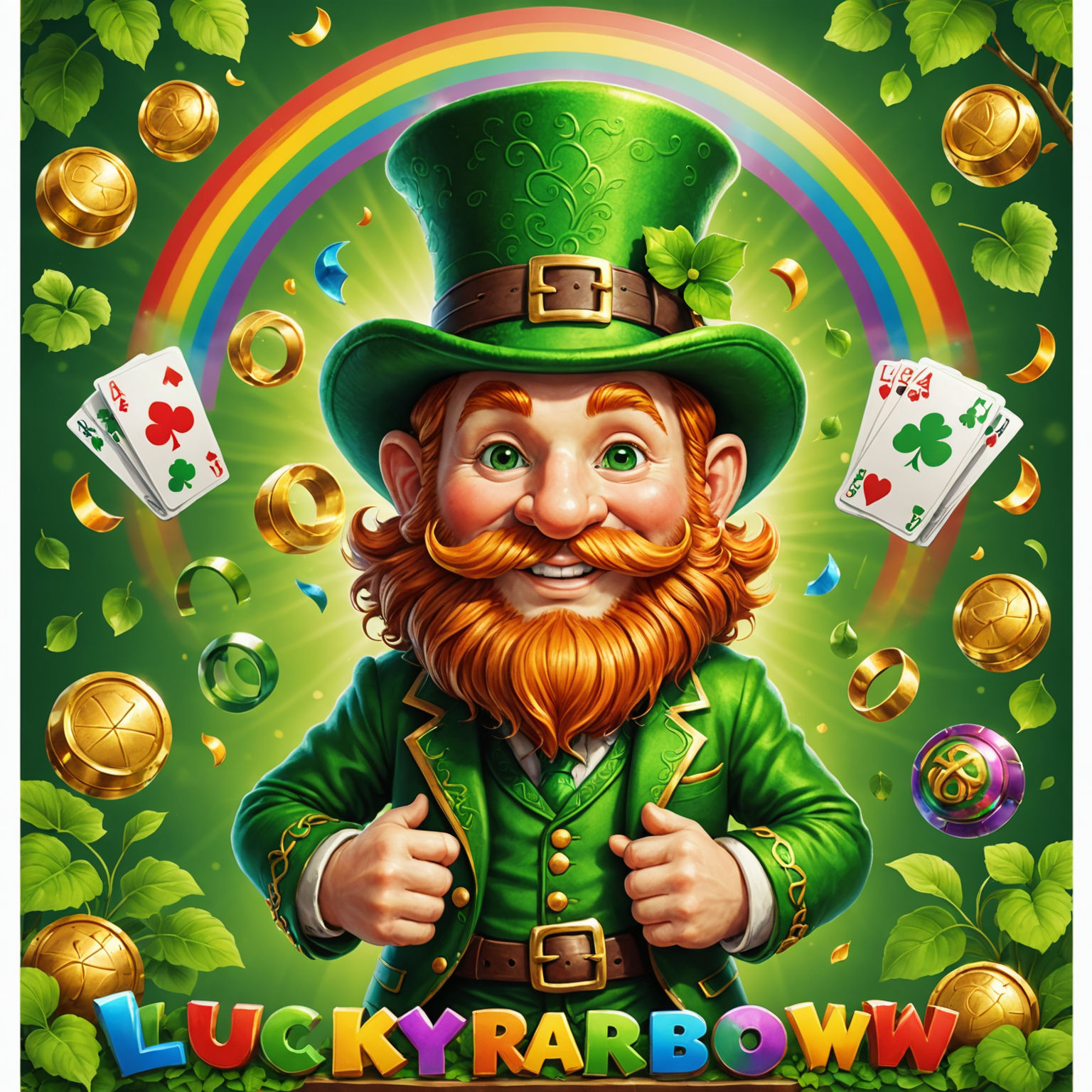 Lucky Leprechaun's Rainbow slot featuring a cheerful leprechaun, rainbows, and Celtic symbols on a lush green background