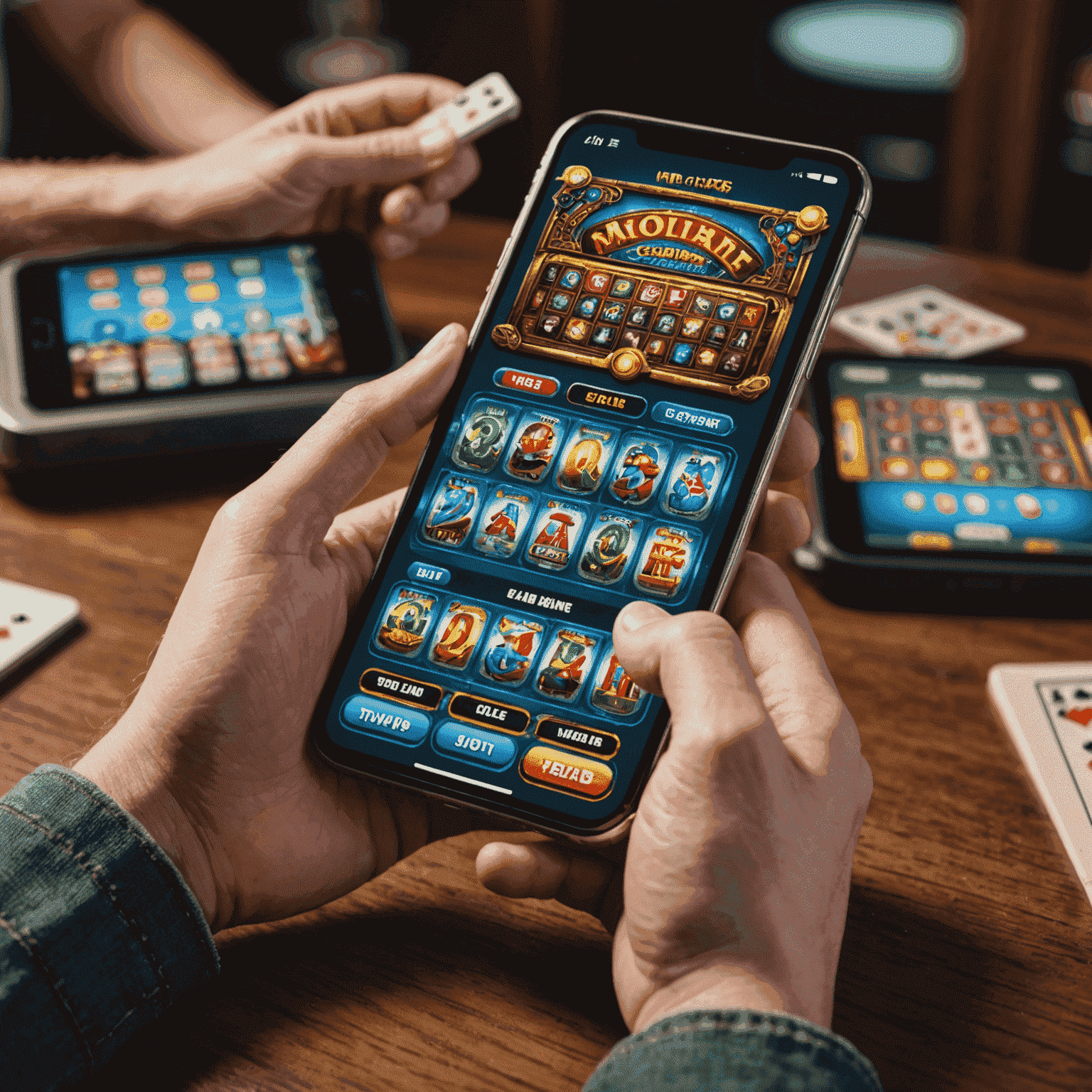 A person holding a smartphone displaying a mobile slot game app