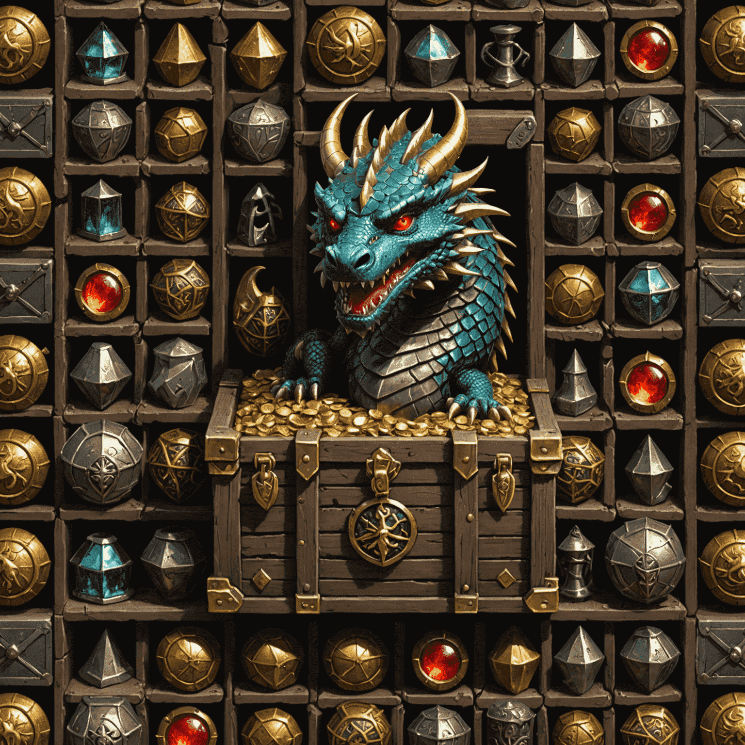 Dragon's Hoard slot with a fierce dragon, treasure chests, and medieval weaponry symbols on a 6x4 grid