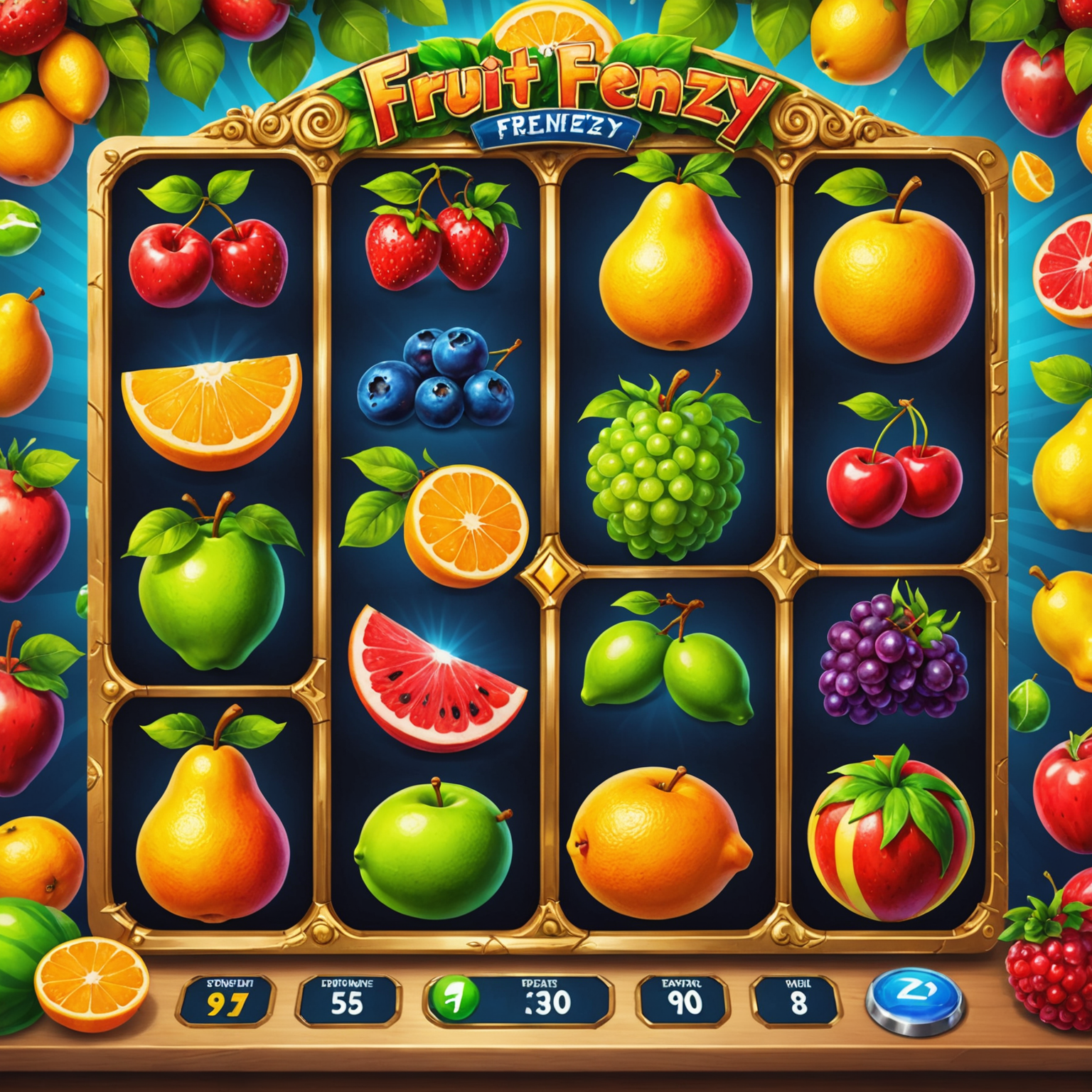 Fruit Frenzy Deluxe slot displaying vibrant fruit symbols, diamond wilds, and a colorful fruit basket bonus symbol on a 5x3 layout