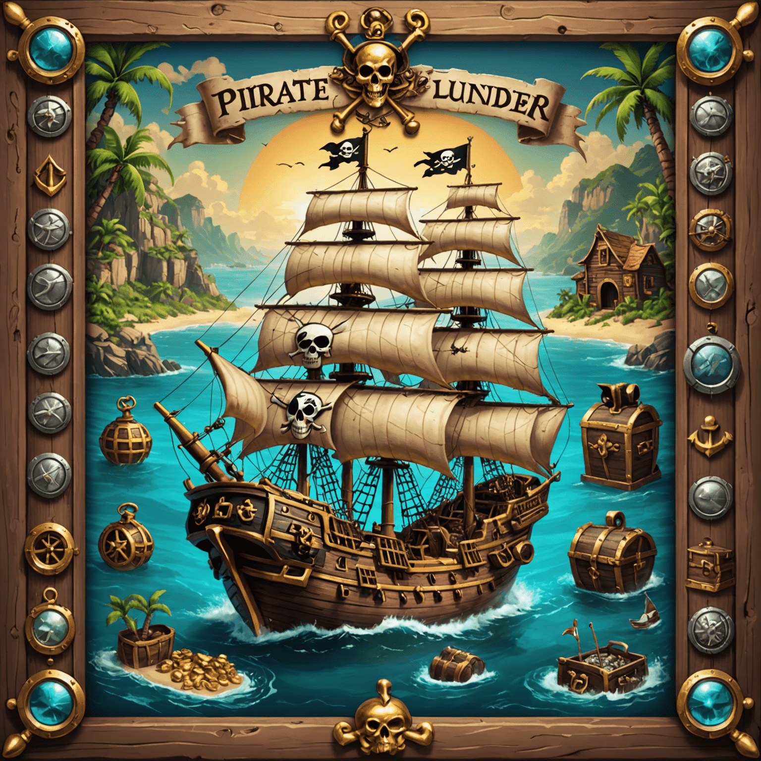 Pirate's Plunder slot featuring a pirate ship, treasure chests, and nautical symbols on a scrolling map background