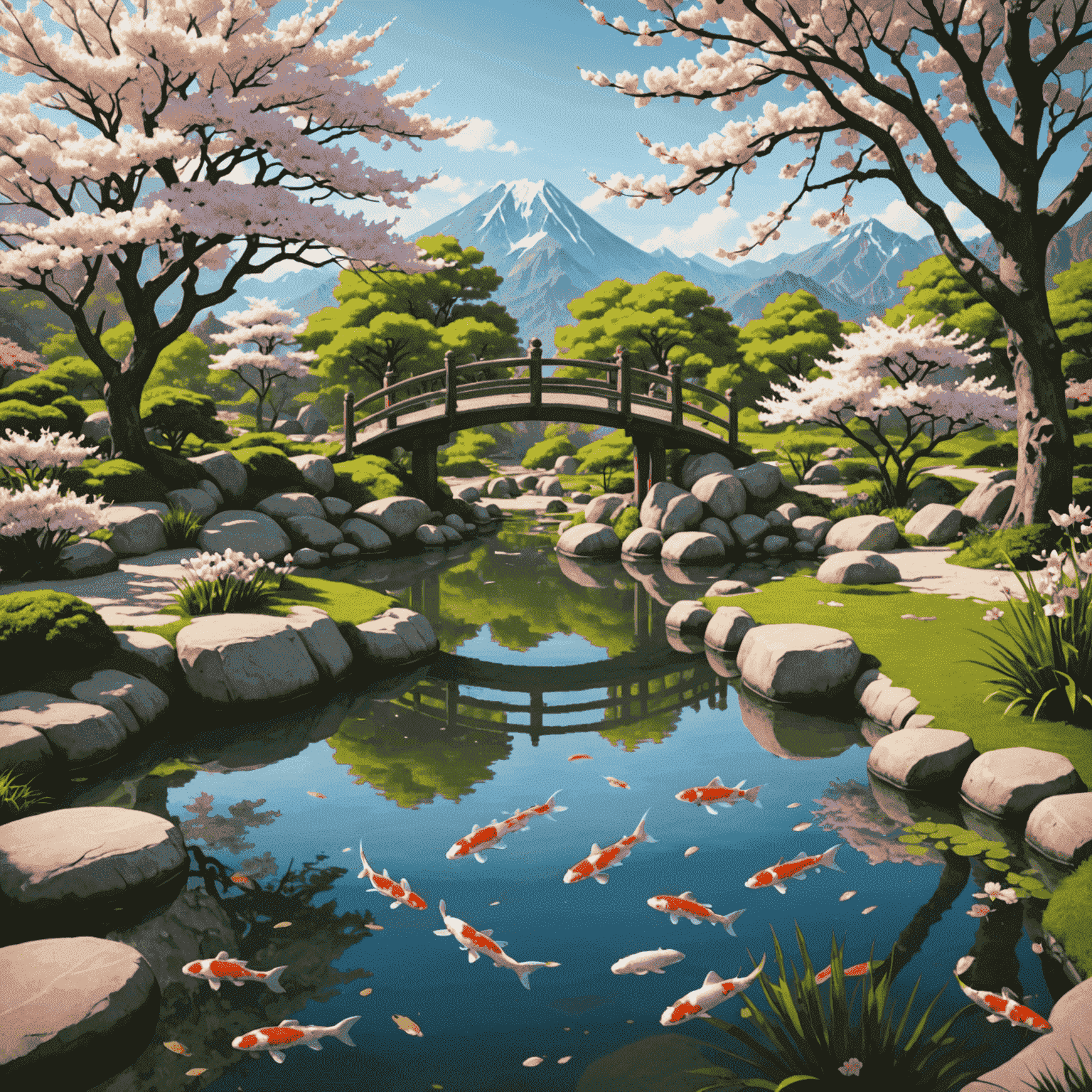 Zen Garden slot with serene nature symbols, koi fish, and cherry blossoms on a peaceful pond background
